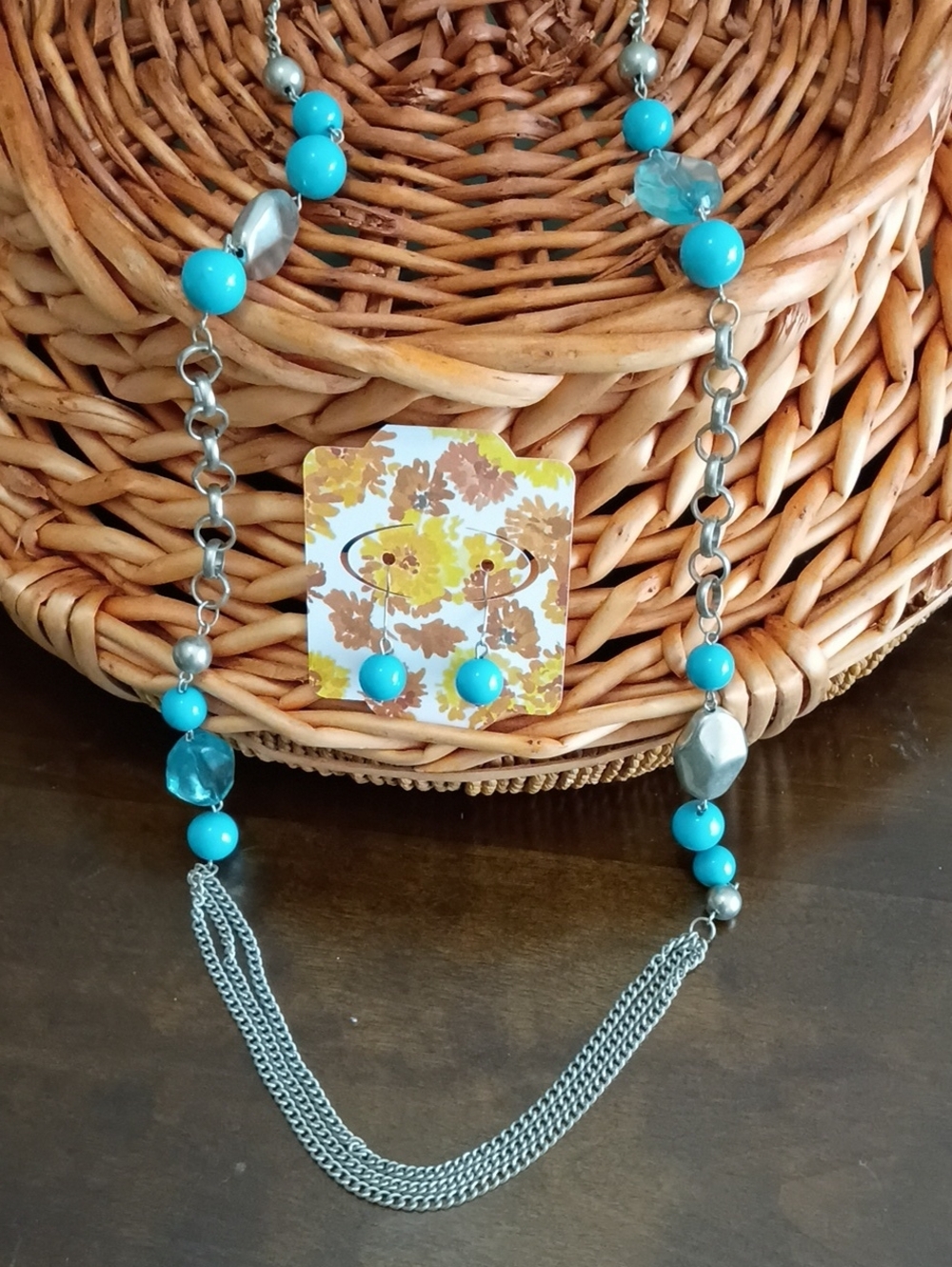 Turquoise Bead Chain Necklace and Stud Earrings Set